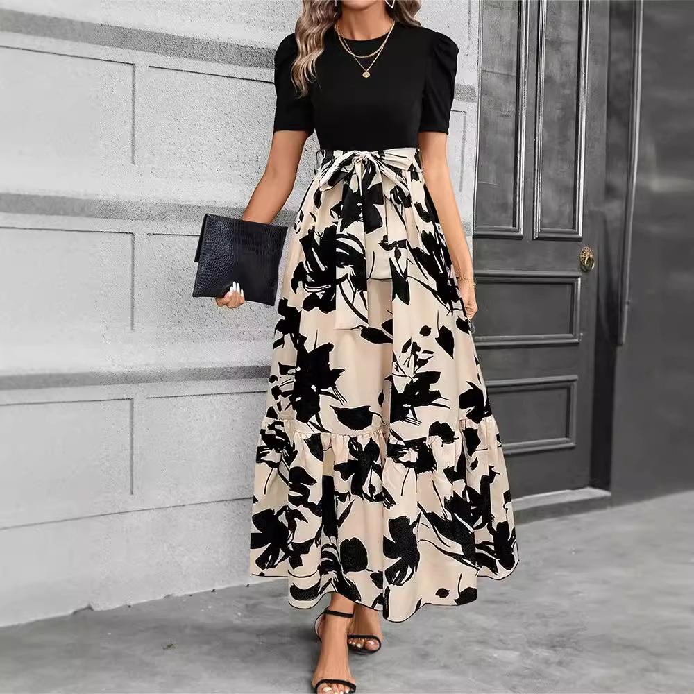 Women's Floral Print High Waist Elegant Dress - European & American Fashion