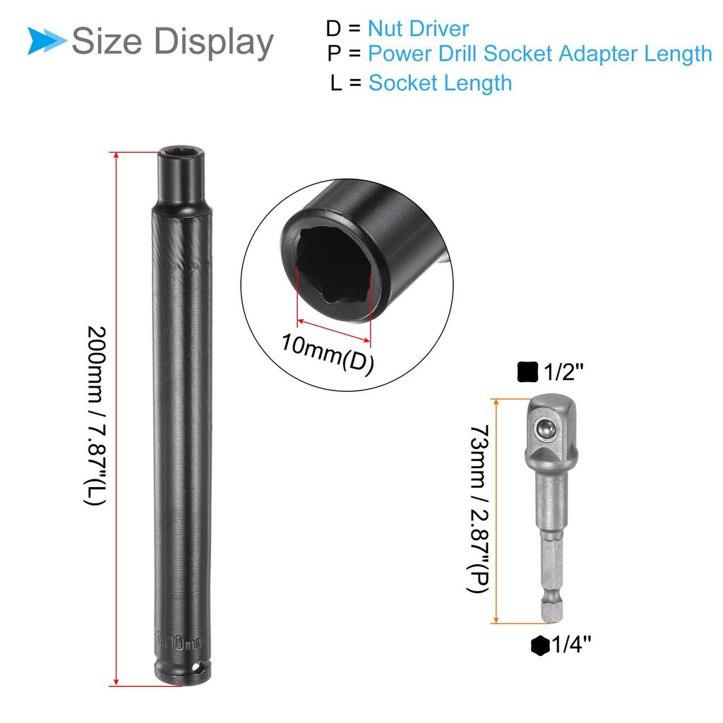 CoCud Extra Long Hollow Socket 10mm Size 200mm Length Hex Shank 73mm Adapter 6 Point Quick Change Deep Well Power Nut Driver for Long Threaded Rods