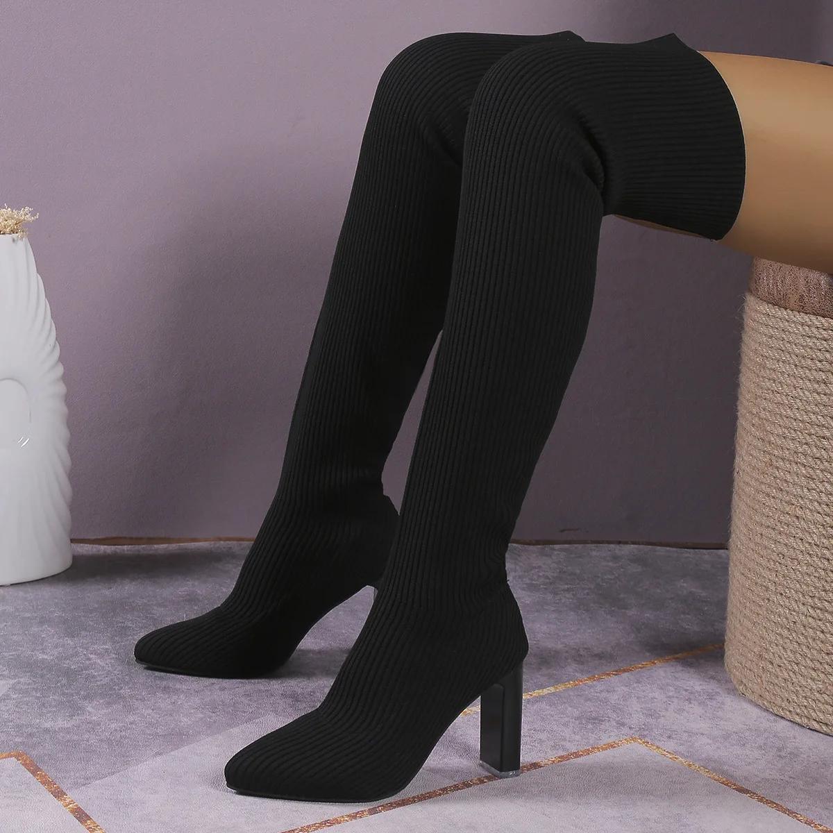 

Comemore Women s Knited Sock Boots Autumn Winter Sexy Over-the-Knee Boots Pointed Toe Thick High Heels Long Botas Size 36-43 36