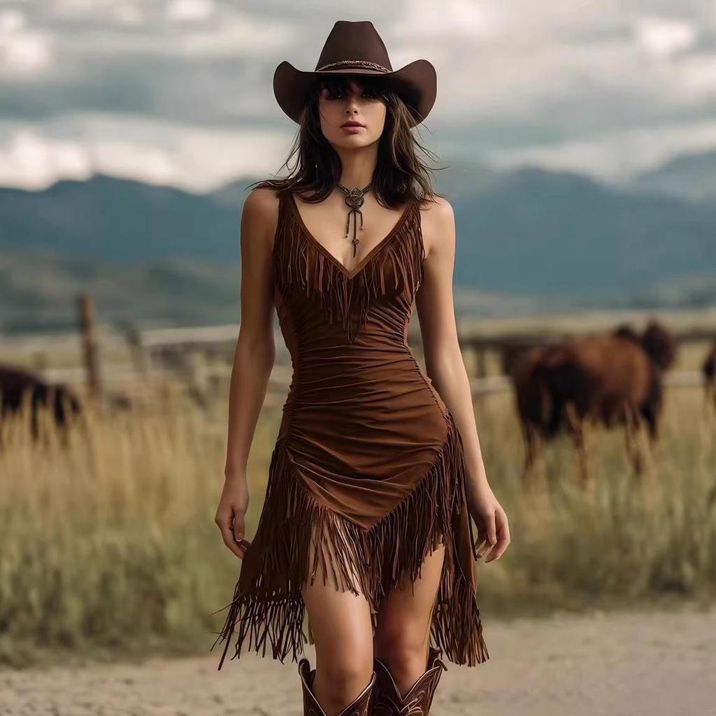 Retro Western Deep V Fringe Spaghetti Strap Slim Fit Dress