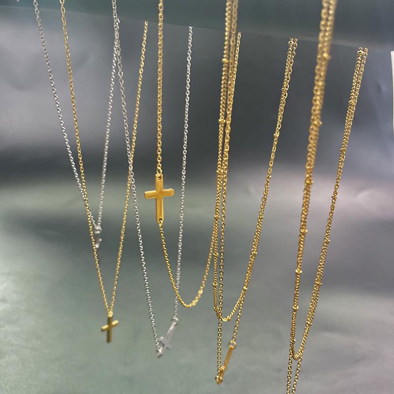 Stainless Steel Double Layer Cross & Bead Necklace for Women