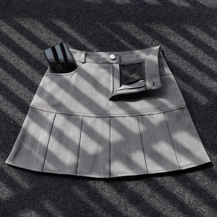 Pleated Skirt with Pockets for Women Summer High Waisted A Line Slimming Versatile Skirt Suit Fabric Casual All Match Versatile Grey Skirt