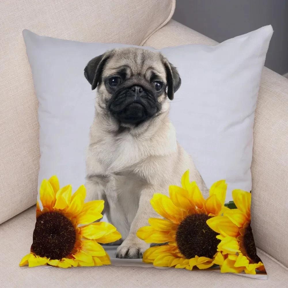 VIKAMA Nordic-Style Adorable Dog Cushion Cover Pug Print Cushion Cover Bedroom Living Room Sofa Decorative Cushion Cover