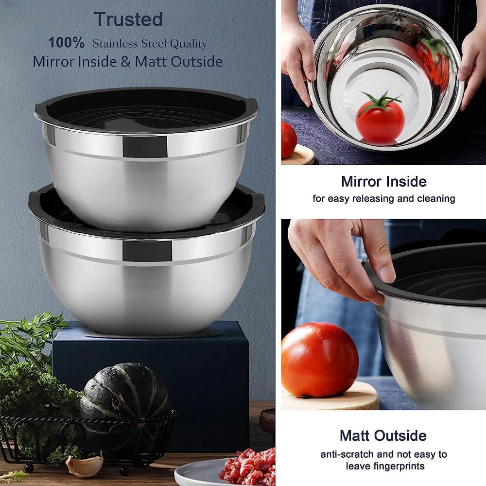 Mixing Bowl Set of 5, Stainless Steel Metal Nesting Salad Bowl with Lid Set, Non-Toxic & Durable, Airtight Lid & Easy Clean