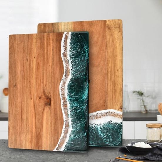 Personalized Cutting Board with Ocean Resin Custom Charcuterie Board Engraved, Decorative Wood Cutting Board Wedding Gift, Unique Resin Cutting Board