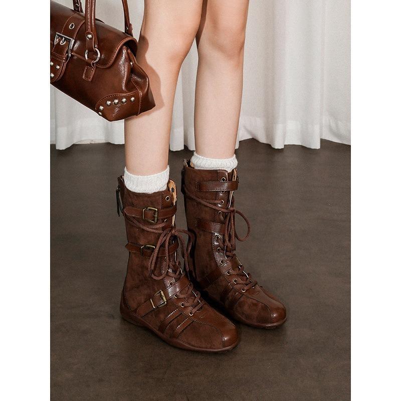Cowhide Version~ Inner Height Increase 7cm Retro Leather Boxing Boots Women's Niche Belt Buckle Short Boots Rear Zipper Martin Boots