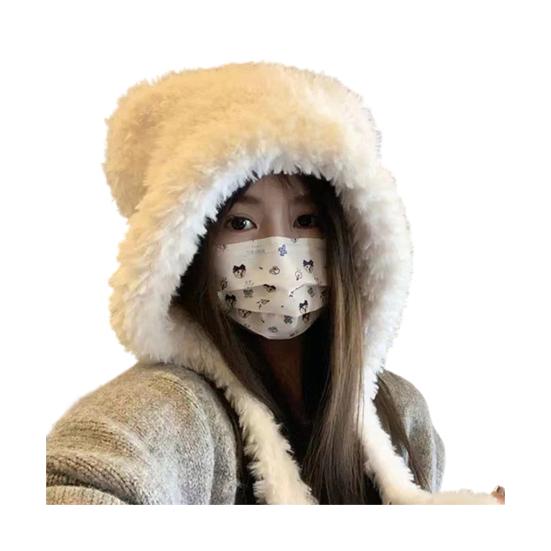 Women Hat Bear Shape Solid Color Winter Knitted Hat with Lace-up Cold Weather Thick Warm Plush Headwear