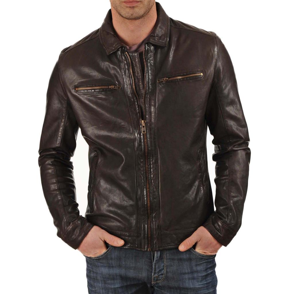 SkinOutfit Men's Genuine Lambskin Brown Leather Jacket Stylish Motorcycle Bomber Biker Outerwear MJ 12