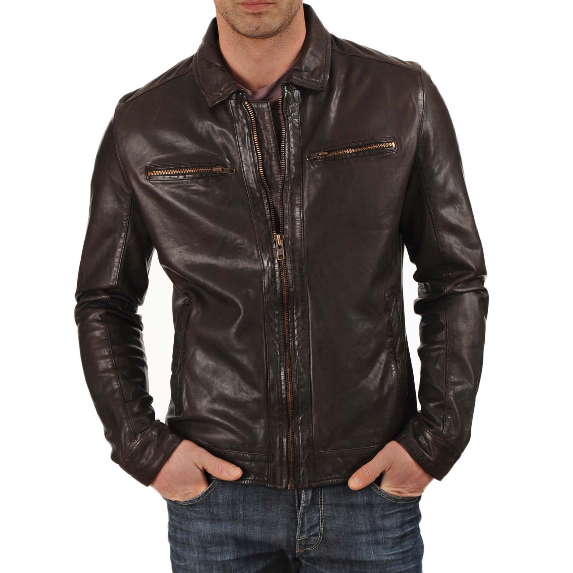 

SkinOutfit Men s Genuine Lambskin Brown Leather Jacket Stylish Motorcycle Bomber Biker Outerwear MJ 12 L коричневий