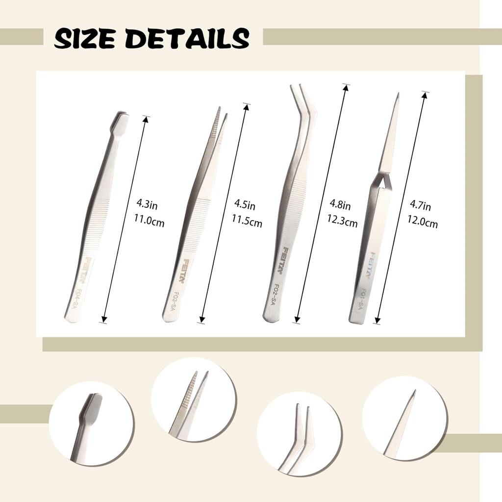 FEITA Professional Craft Tweezers Stainless Steel Precision Tweezer Set for Hobby, Electronics, Model Making, Jewelry Picking Tool - 4 Pieces