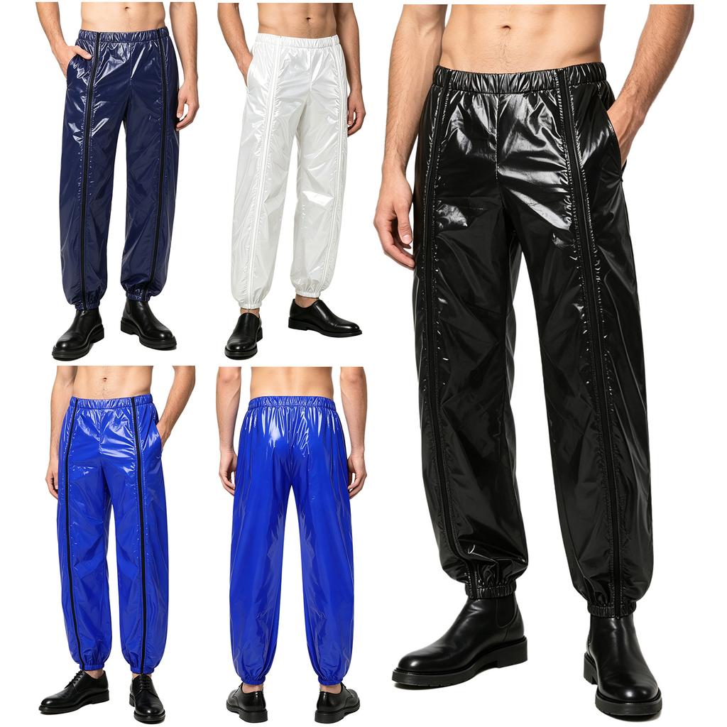 Pantaloni da Uomo in Vinile Impermeabili Riutilizzabili Vita Elasticizzata Tasche Laterali Zip a Doppio Cursore Pantaloni