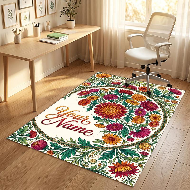 Floral Artwork Theme Soft Crystal Velvet Rug Custom Name & Text Print Non Slip Floor Rug for Bedroom Living Room