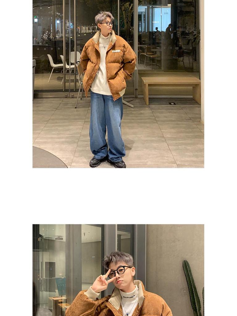 Men's Retro Corduroy Stand Collar Jacket, Autumn/Winter, Thickened with Letter Patch, Color Melange, Cotton Padded Outerwear.