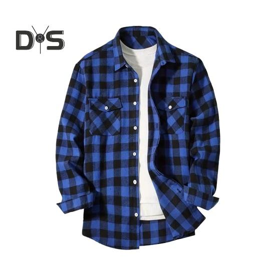 Fall Winter Men Shirt Coat Plaid Print Long Sleeves Chest Pocket Turn-down Collar Single-breasted Loose Contrast Color Jacket