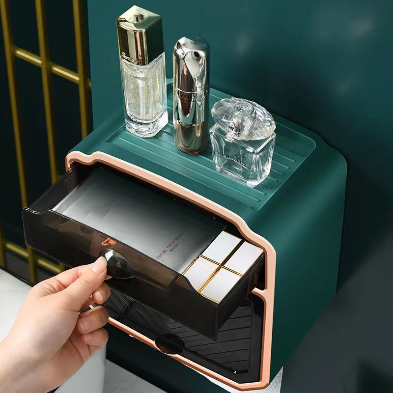 WTEMPO Haushalts-Tissue-Box Wandmontierte perforierte Toilettenpapierschublade Toilette Wasserdichte Rollen-Toilettenpapierhalter