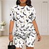 Women Plus Size Round Neck Short Sleeve Printed Top Fitted Shorts Two Piece Set
