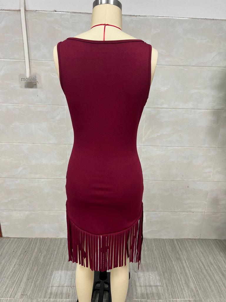 Retro Western Deep V Fringe Spaghetti Strap Slim Fit Dress