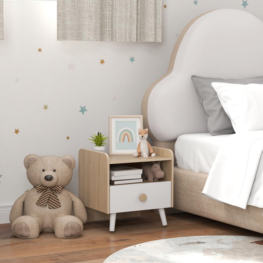Kids Bedside Table with Drawer and Open Storage Shelf, Wooden Nightstand for Bedroom, Bedside Cabinet, White