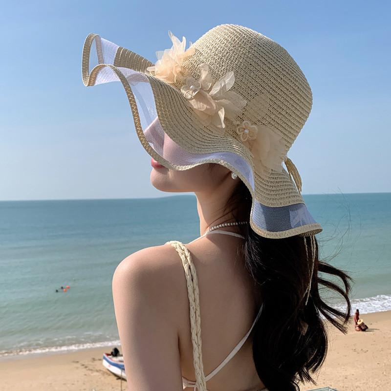 Summer Pearl Floral Straw Hat With Wide Brim For Outdoor Travel Sun Protection
