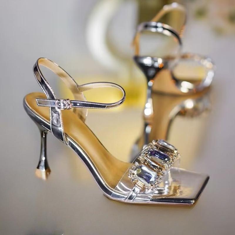 2026 Neue Schlanke Absatzschuhe mit Diamant-Quadratischer Zehenpartie Sandalen für Damen im Sommer Neuer Feen-Stil Offene Zehenpartie Sexy Hohe Absätze