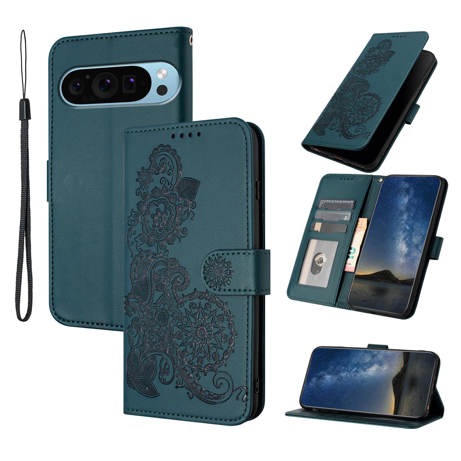 

For Google Pixel 9/Pixel 9 Pro Phone Cases Mandala Flower Leather Wallet Mobile Cover with Strap Blackish Green