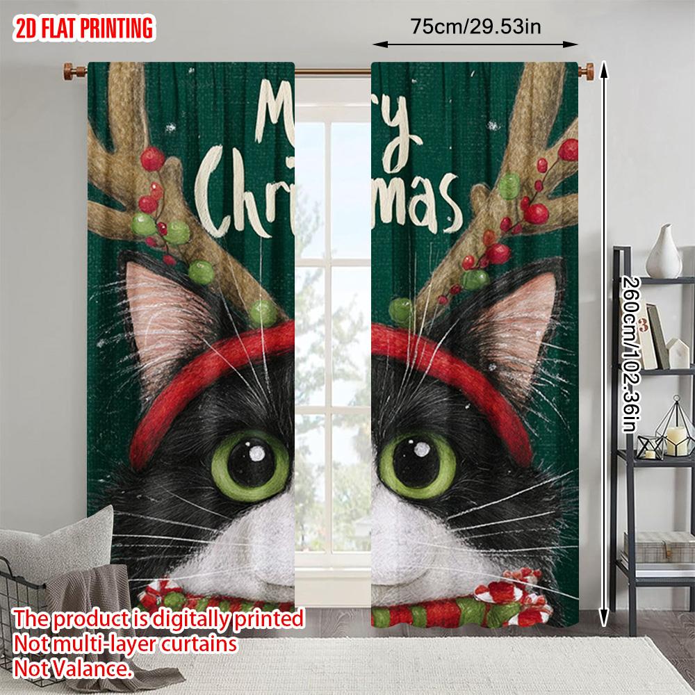 2pcs  2D plane printing Curtains Digital Printed Winter Black Cat Versatile Polyester Fabric (without rod) Holiday Ldeal for
