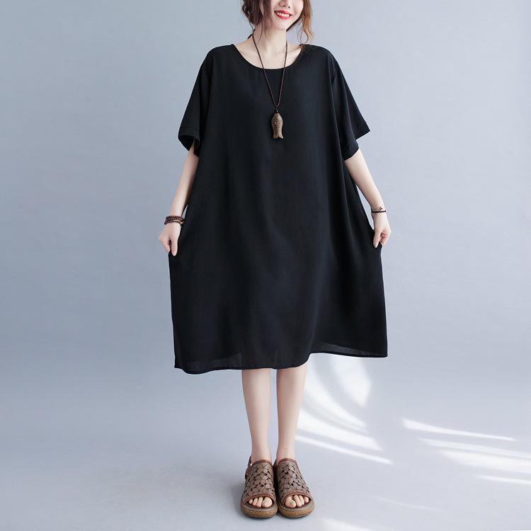 

2022 Летнее Женское Черное Платье Большого Размера с Круглым Вырезом, Коротким Рукавом, Свободного Кроя, из Хлопка и Льна Plus Size Free Size