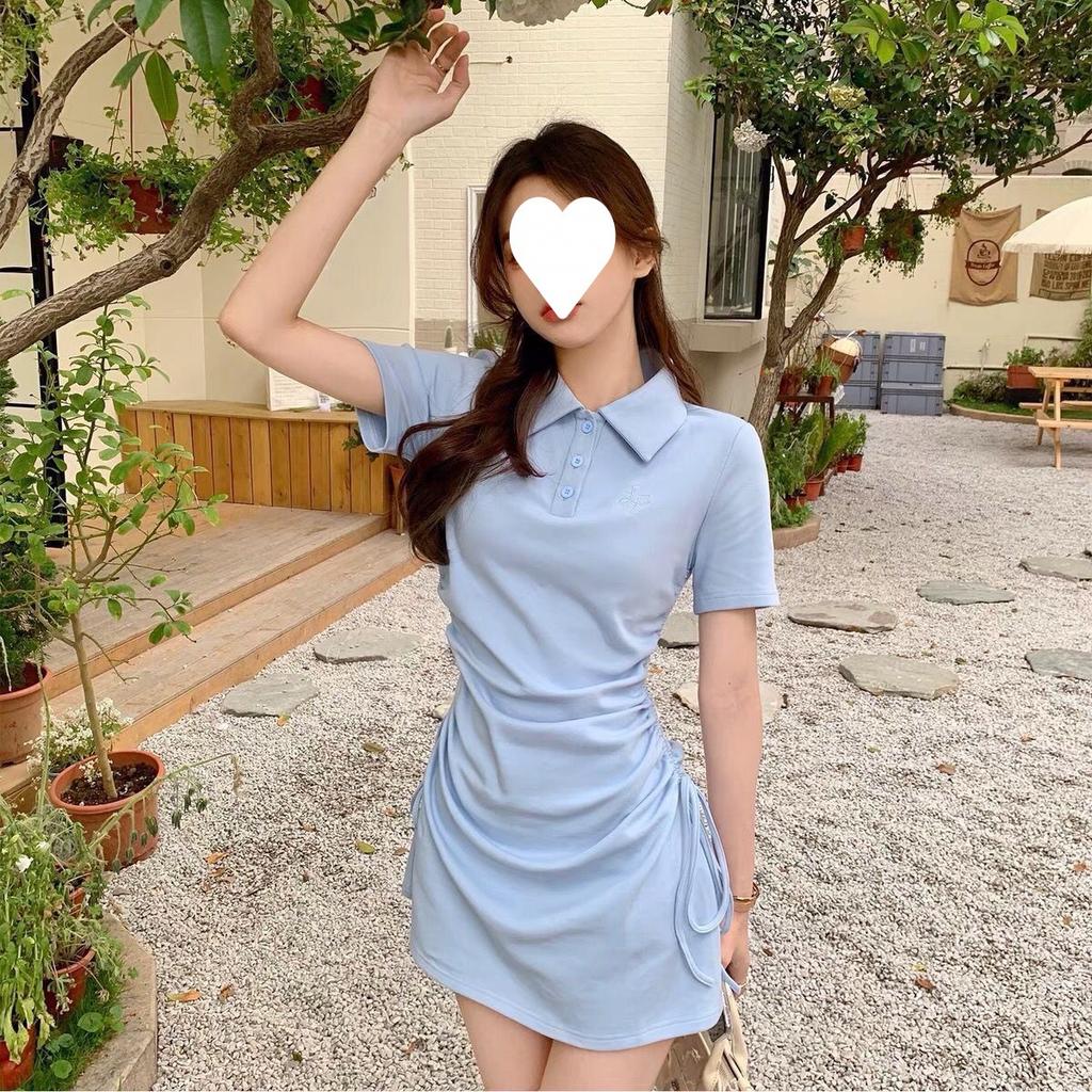 Reiner Wunschstil POLO-Kragen Kleid Damen Frühling und Sommer Neue Kordelzug-Träger Schlank und dünn Kurzärmeliger Rock
