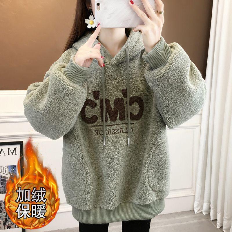 Womens Fleece Hooded Sweatshirt Thick Warm Winter Letter Print Outerwear
