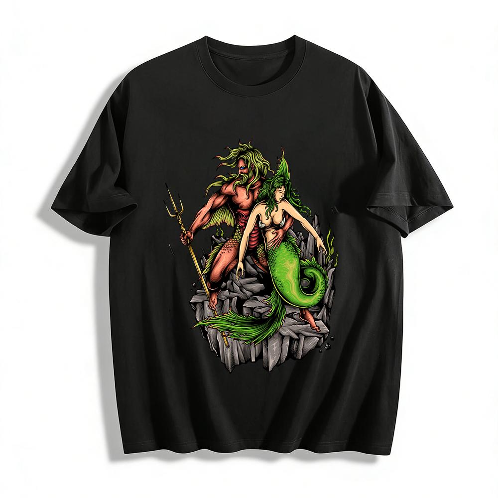 Mythology Poseidon Mermaid Embrace Print Casual Tee Pure cotton T-shirt XXS