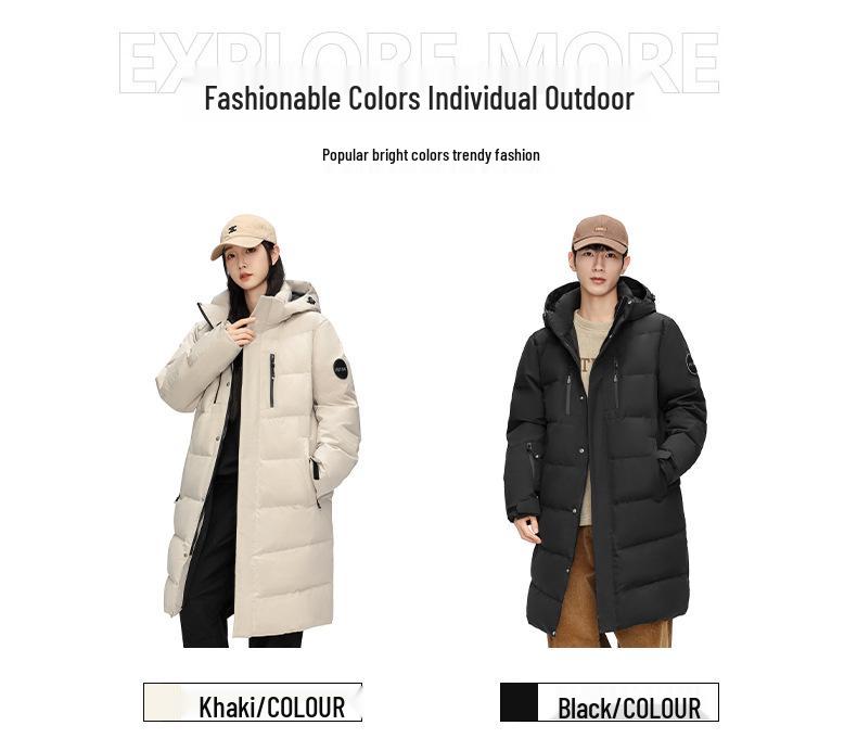 Unisex High-End Long Over-the-Knee Down Jacket: 90% White Duck Down, Loose Fit, Hooded Winter Coat