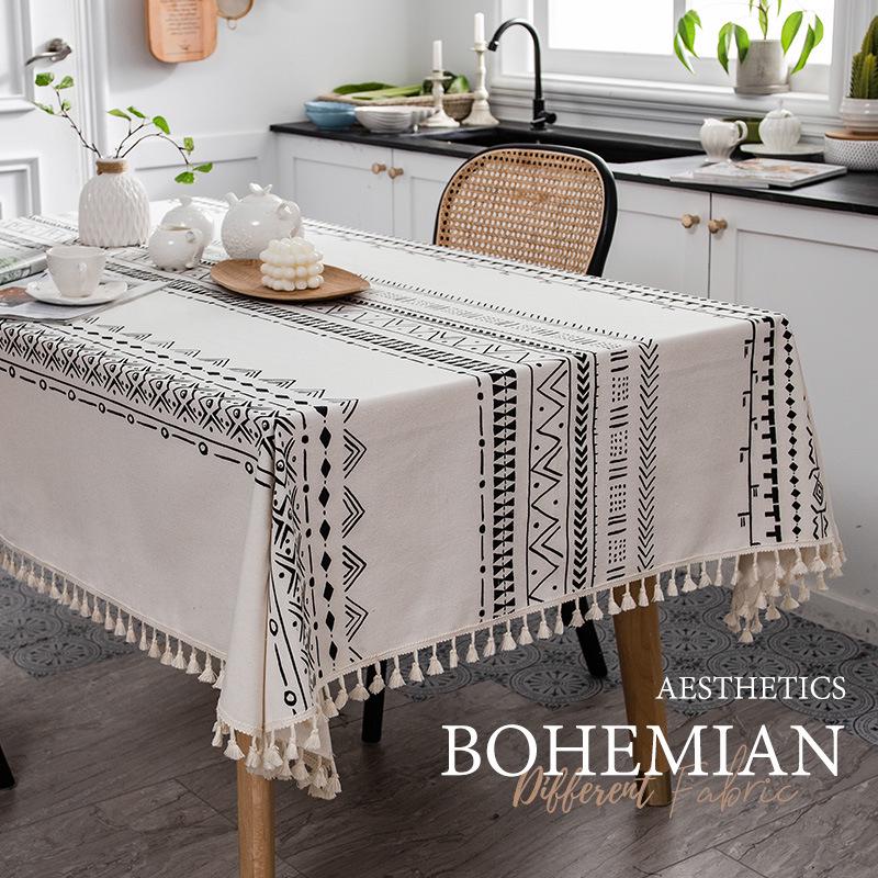 Bohemian Cotton Linen Tablecloth with Tassels – Ethnic Style, Waterproof & Oilproof, Wash-Free Rectangular Design