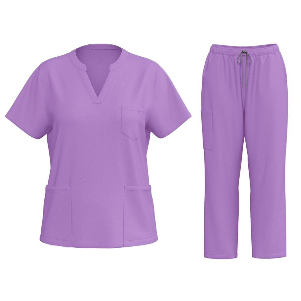 Women's Fashion Short Sleeve V Neck Pattern Tops Pocket Working Set