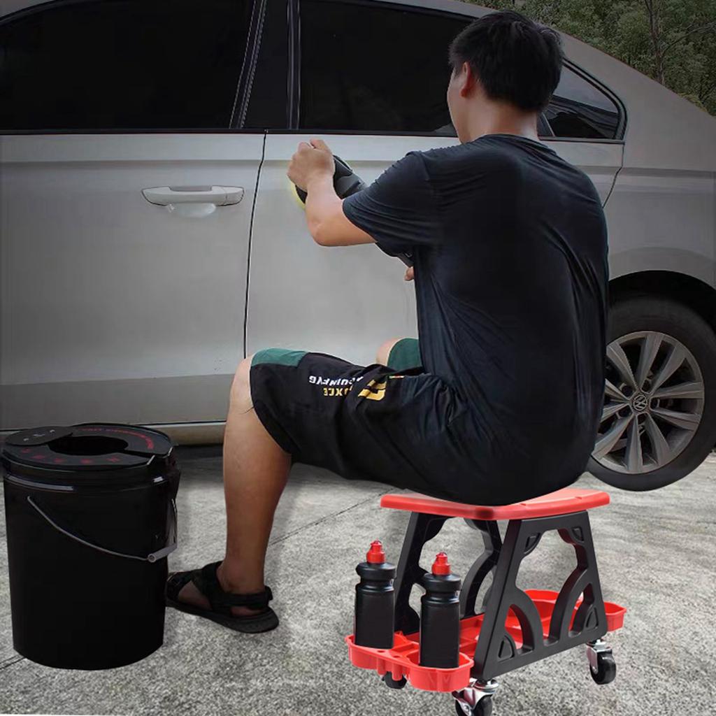 Car Detailing Stool Chair with Storage Holder Auto Workshop Bench Wheels Roller Creeper Seat Roller Mechanics Seat for Equipment
