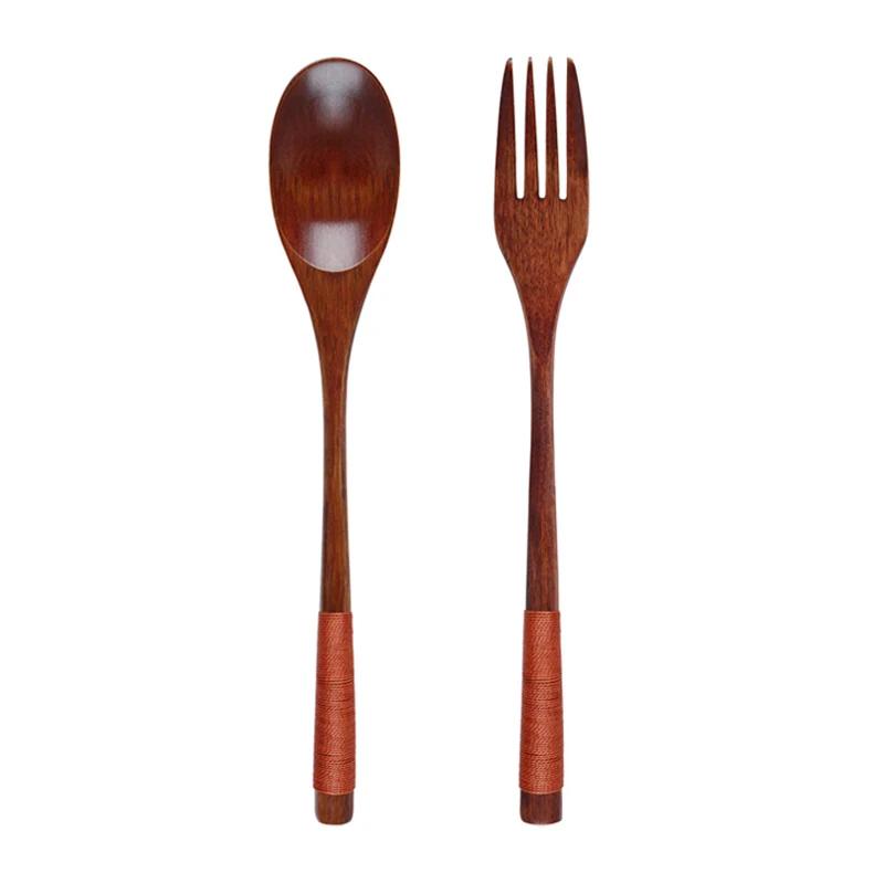 Japanese Style Dinnerware Set Wooden Spoon Fork Cutlery Set Long Handled Dessert Soup Spoon Salad Fork Outdoor Kitchen Tableware