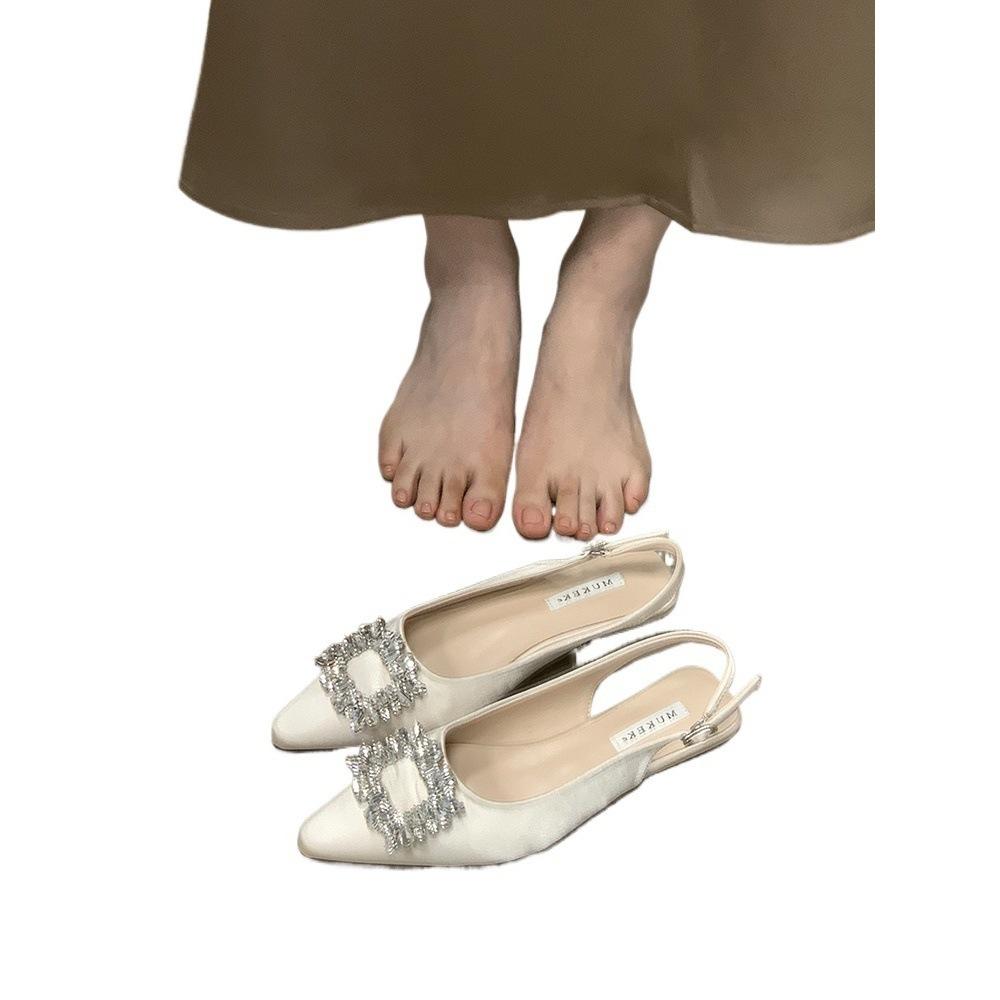 MUKEKe Square Buckle Rhinestone Wedge Heel Bag Head Sandals Women's 2025 Summer New Temperament Not Tired Feet Low Heel Single Shoes