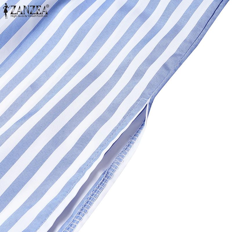 ZANZEA Women Casual Turn Down Collar Loose Short Sleeve Stripe Shirt Dress