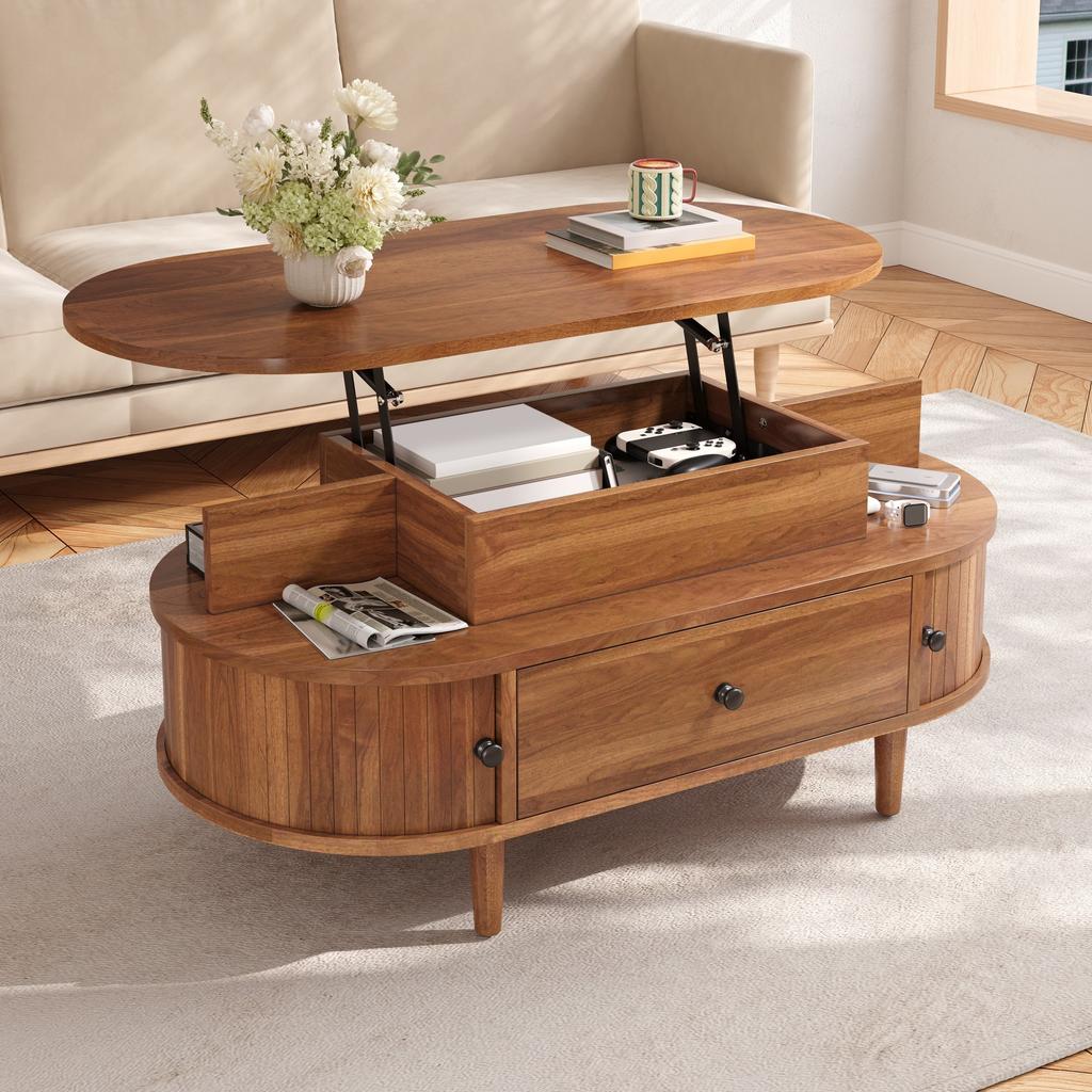 Ovaler Couchtisch mit hochklappbarer Tischplatte, MDF, Versteckter Stauraum, Zwei offene Regale, Große Schublade + Zwei Schiebetüren, Runde Griffe, Konische Gummibaumbeine