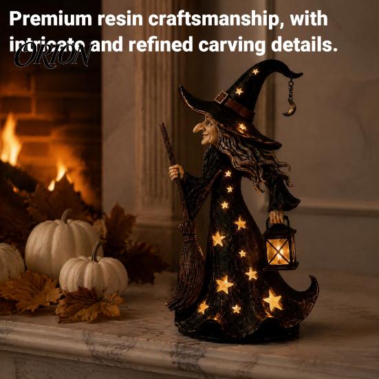 Halloween Party Props Witch Lamp, Light Up Figurine with Broom And Lantern, Gothic Resin Table Decor Spooky Night for Tabletop Indoor Home Mysterious