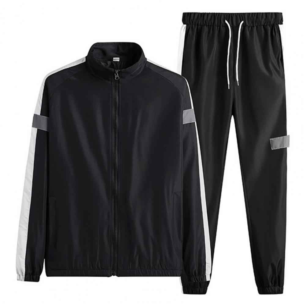 2Pcs/Set Men Sportswear Set Patchwork Color Stand Collar Long Sleeve Zipper Placket Jacket Elastic Waistband Drawstring Sweatpan