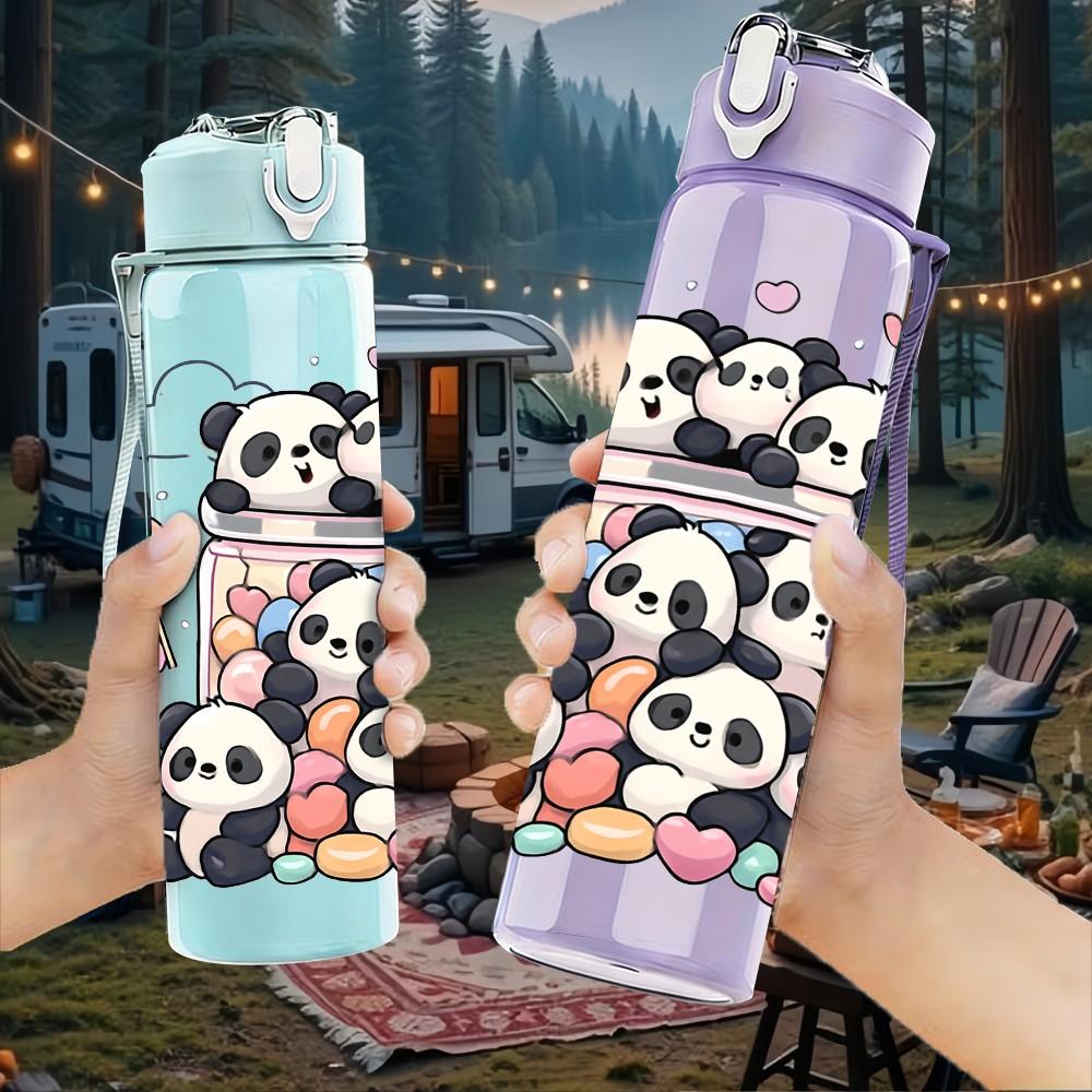 1PC Panda Bear Group Family Cartoon Print 750ml Color Plastic Sports Water Bottle Leakproof Flip Straw Lid Suitable for Sports Office Home Use