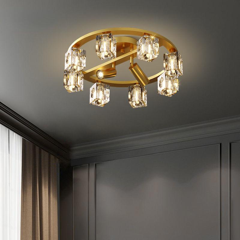 Light Luxury High-end Living Room Ceiling Lamp Full Copper Crystal with Spotlights Bedroom Study Room Lamps