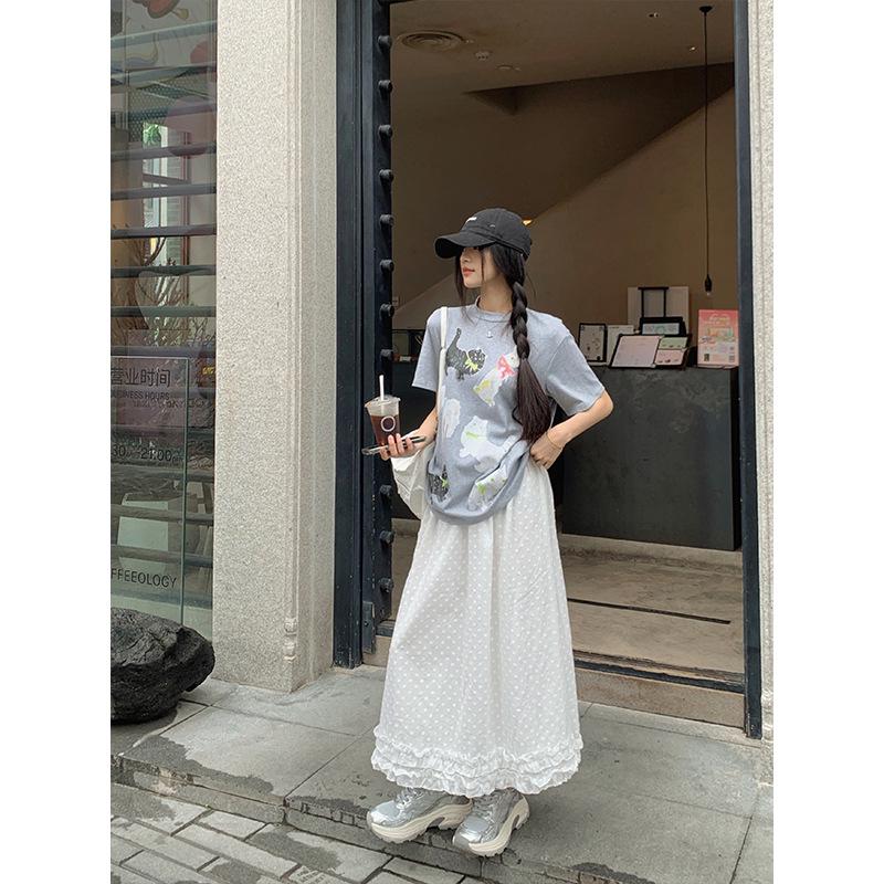 Plus Size Women's Korean Style Two-Piece: Printed Short Sleeve T-shirt & High Waist A-line Skirt