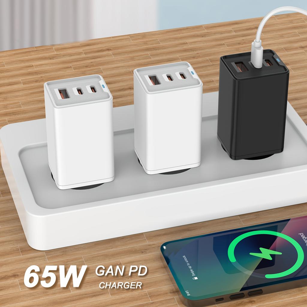 65W GaN Tech Fast Charger With 3 ports(1 USB-A&2 USB-C), PD+PPS Fast Charger Compact USB Adapter