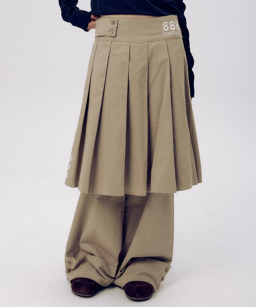 SOME PLACE 888 Pleated Midi Skirt Layered Snap Roll-Up Wide Two-Piece Set [Beige]
