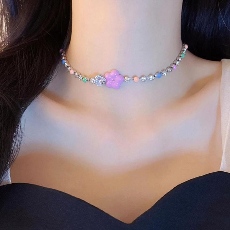 Crystal Beaded Necklace or Bracelets Adjustable Flower Charm Wrist Chain/Bangle Unique Statement Pieces for Girls Women