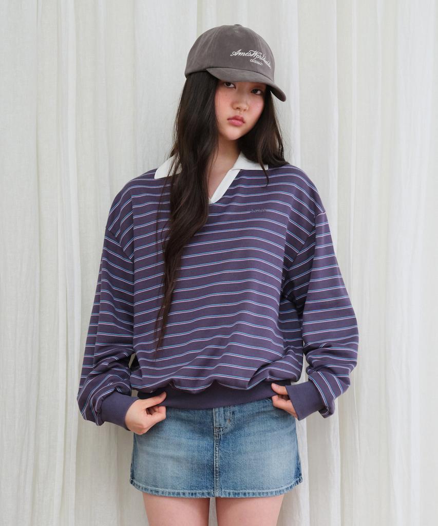 AMES-WORLDWIDE V Neck Collar Stripe Sweatshirt Purple
