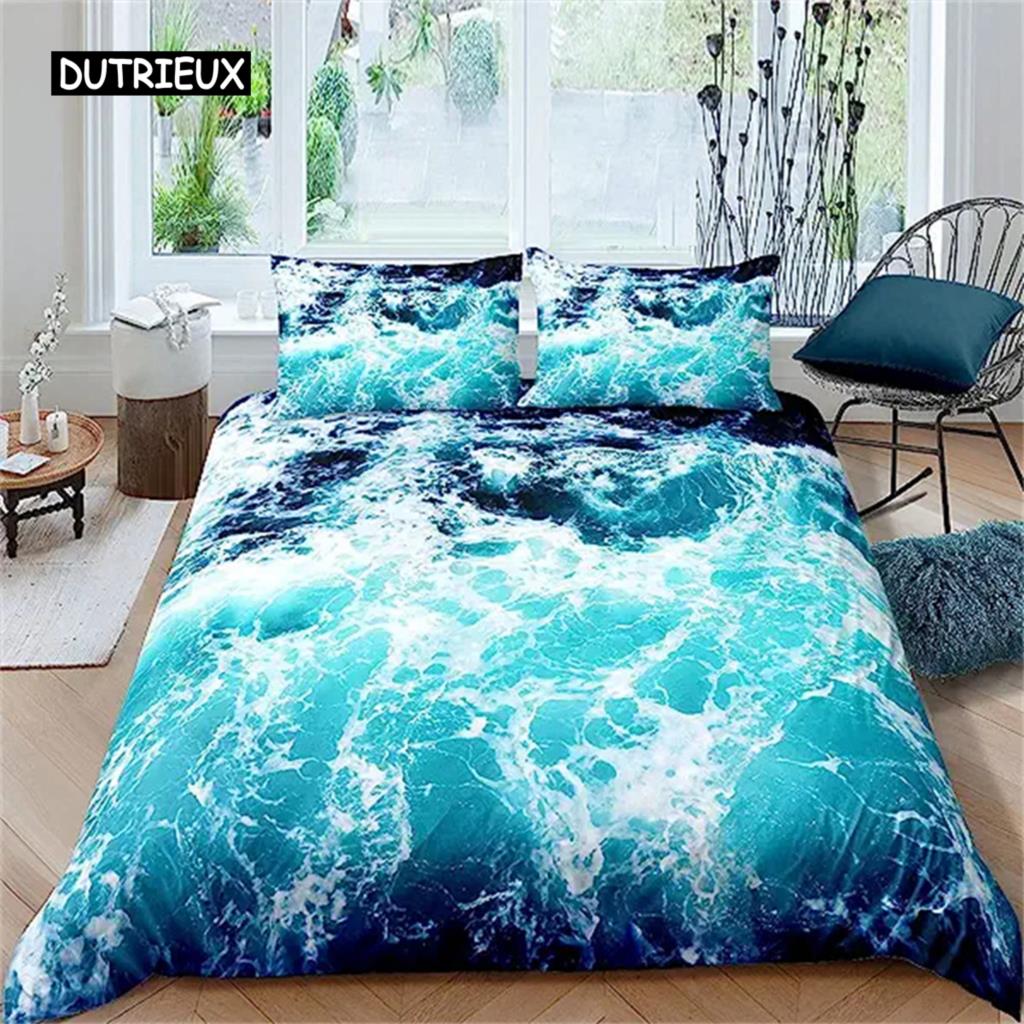 Blue Ocean Duvet Cover Waves Bedding Set Hawaiian Tripocal Sea Wave Sea Beach Bedding Comforter Cover Microfiber for Women Men
