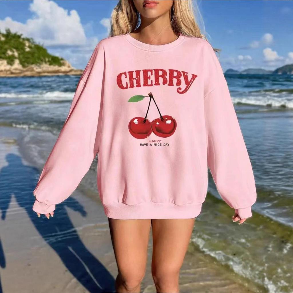 Women's Autumn Cherry Print White Round Neck Long Sleeve Loose Hoodie