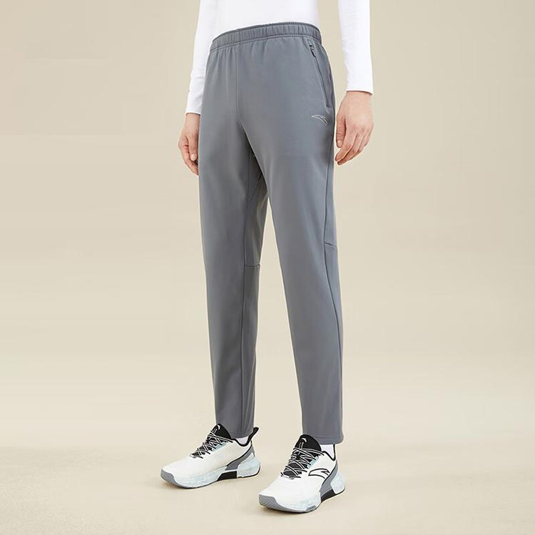 Anta Running Series Solid Color Mid Waist Straight Leg Fleece Sports Pants Men Pants Gray 952345501-2